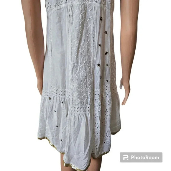 Anthropologie Leifnotes White Eyelet Gold Trim Beaded Sleeveless Dress Size 4 - Picture 16 of 16
